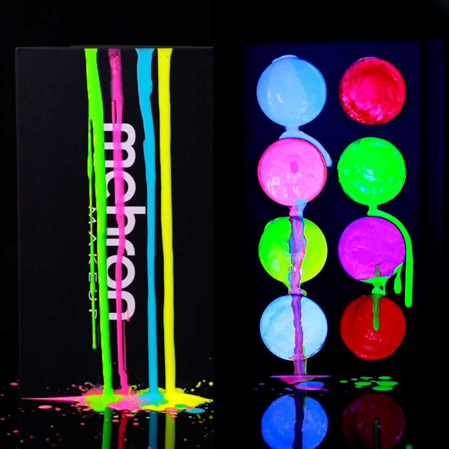 Mehron Paradise Neon Glow schmink onder blacklight | SchminkenGrime.nl Neon schmink uit het Glow Palette van Mehron onder UV-licht, verkrijgbaar bij SchminkenGrime.nl