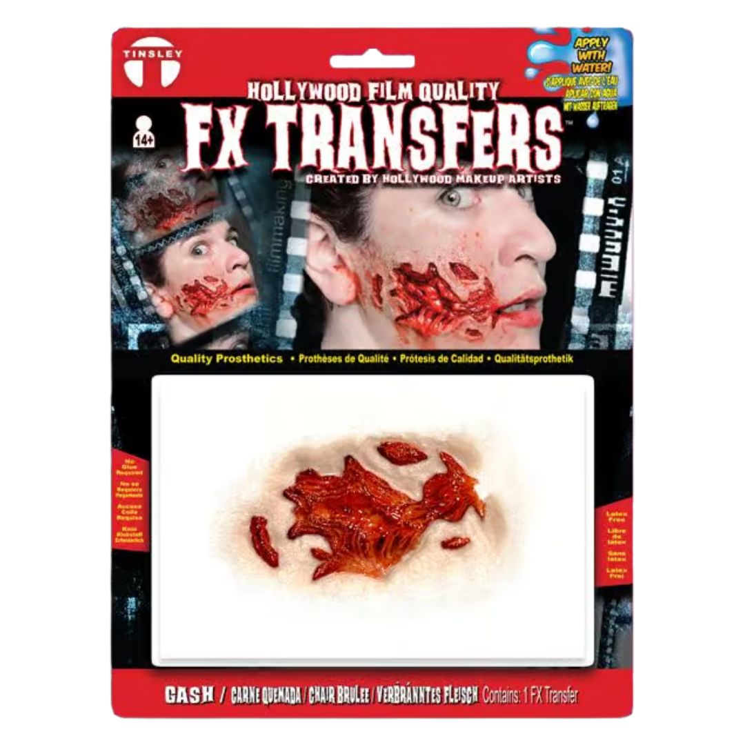 Verpakking van de Tinsley Transfers Gash 3D FX Transfer met afbeelding van aangebrachte wond op de wang, Hollywood-kwaliteit, verkrijgbaar bij SchminkenGrime.nl