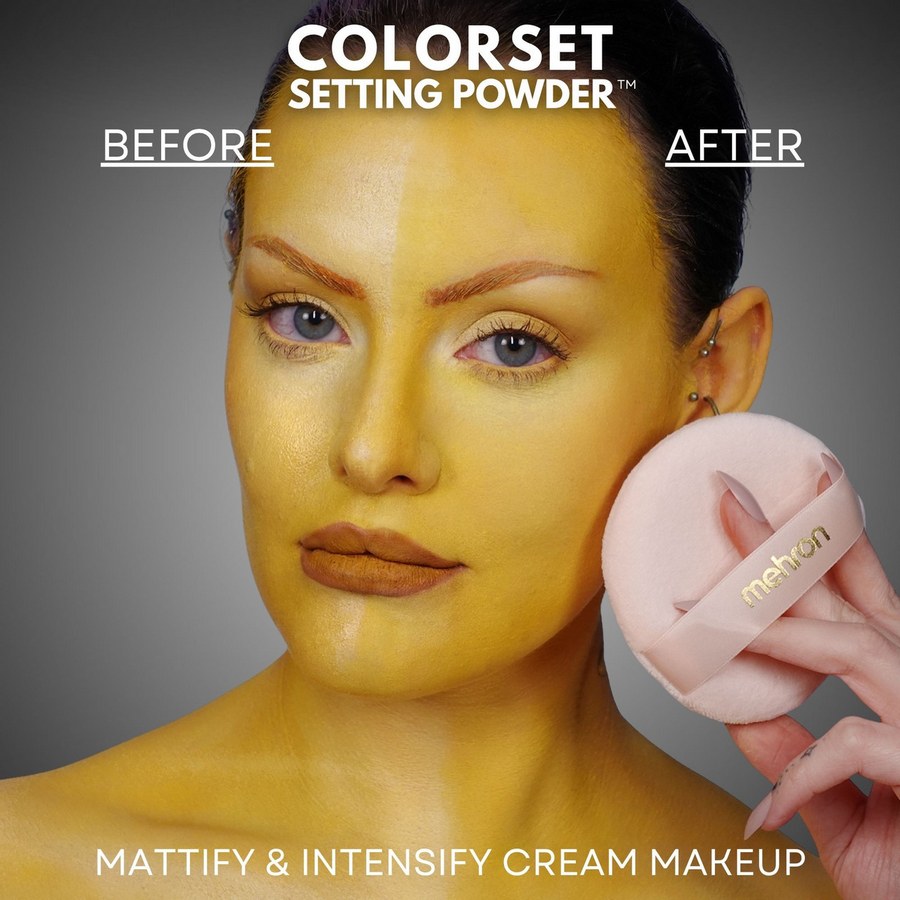 Mehron Colorset Powder Bold Geel, talkvrij en vegan fixeerpoeder dat je look urenlang op zijn plek houdt.