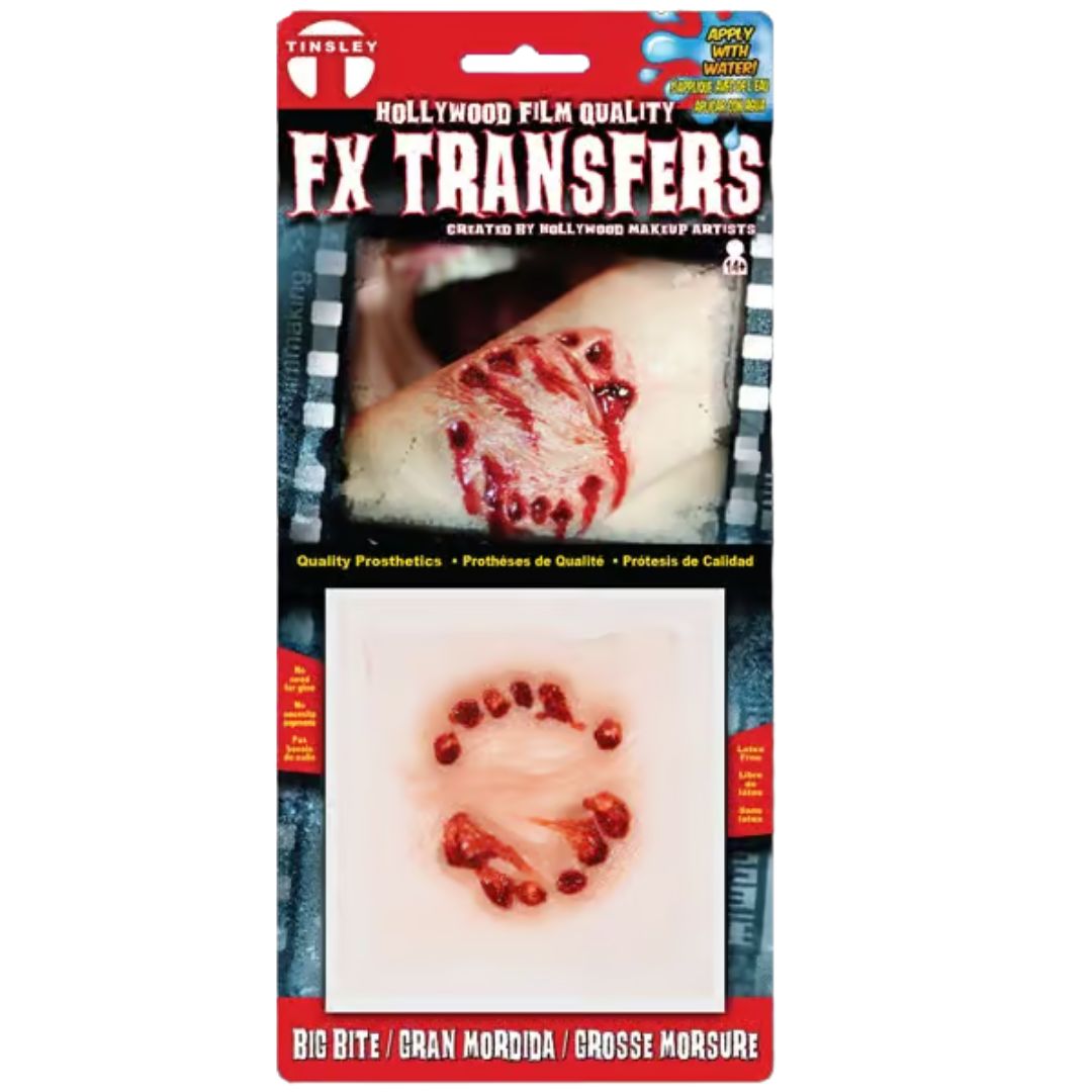Verpakking van de Tinsley Transfers Big Bite 3D FX Transfer, professionele Hollywood-kwaliteit bijtwondprothese – SchminkenGrime