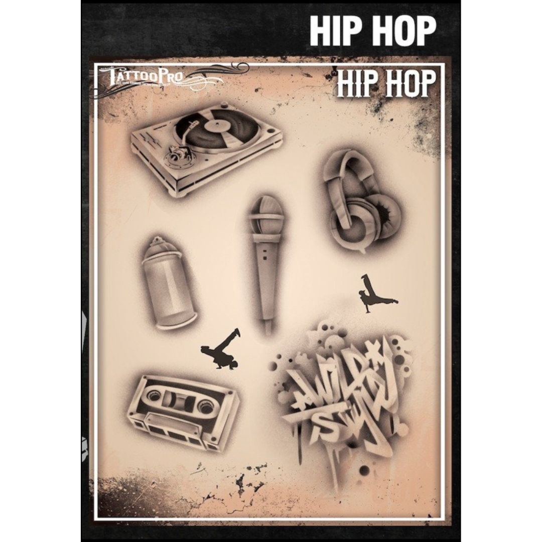 TattooPro Stencil Hip Hop van Wiser, airbrush sjabloon met streetstyle elementen, verkrijgbaar bij SchminkenGrime.nl