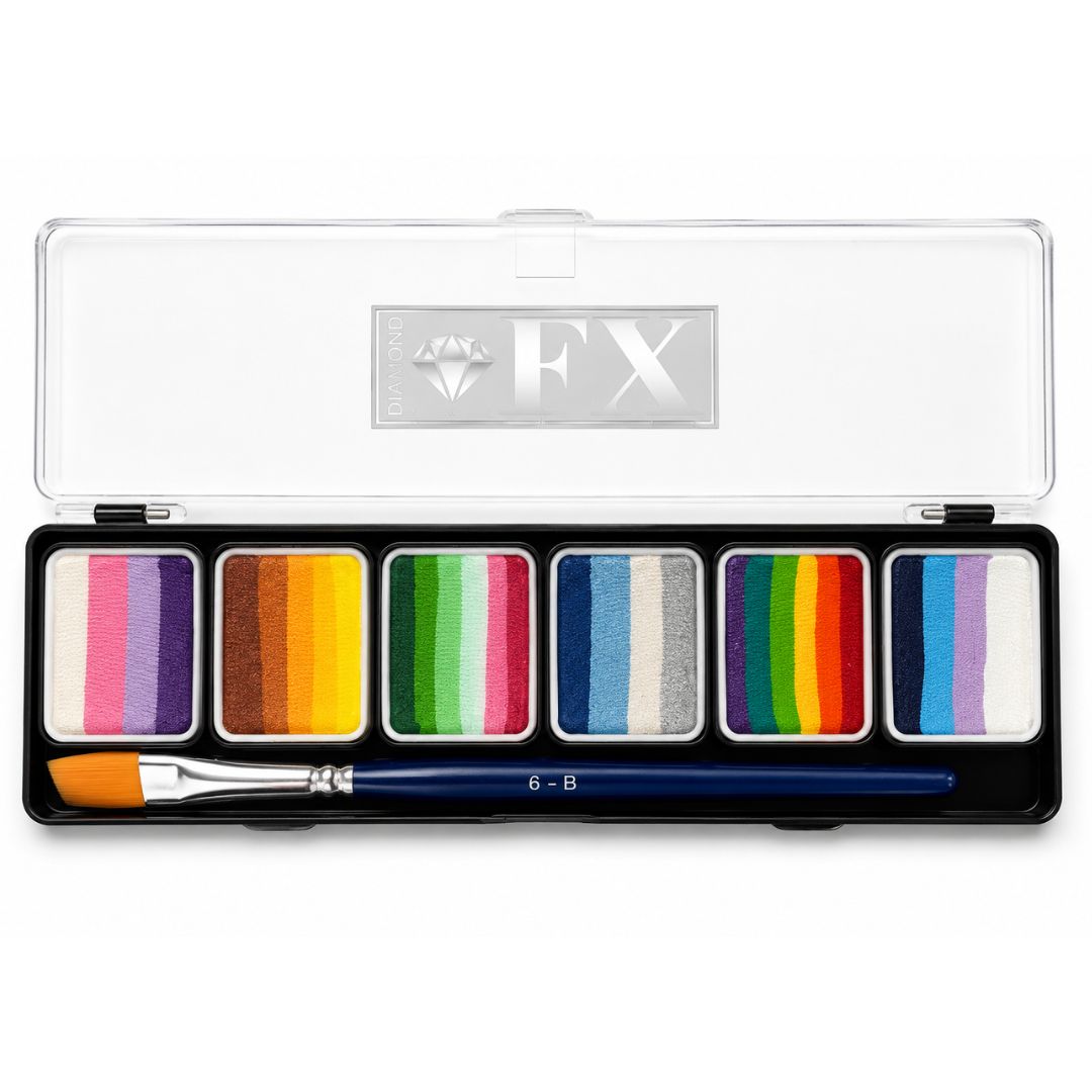 Diamond FX Splitcake Palette Sparkle met 6 glinsterende splitcakes voor veelzijdige en feestelijke schminklooks, verkrijgbaar bij SchminkenGrime.nl