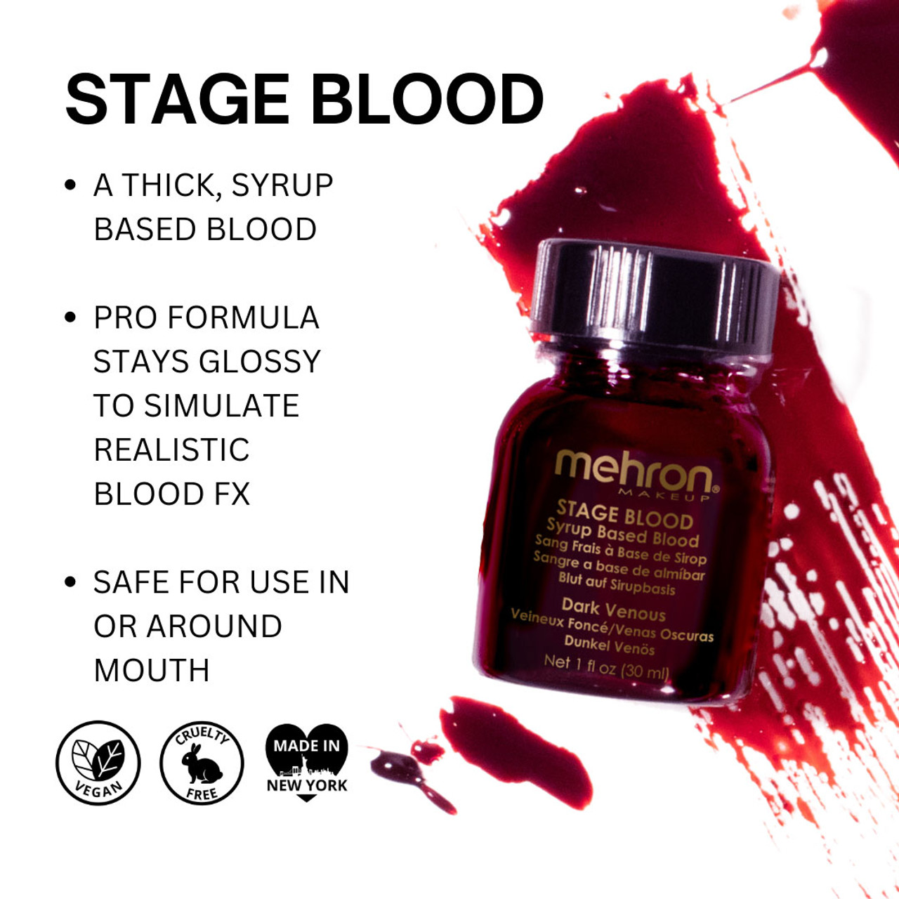 Mehron Stage Blood Venous – eigenschappen van het product bij SchminkenGrime.nl Uitleg over Mehron Stage Blood Venous – geschikt voor ouder bloed effect – verkrijgbaar bij SchminkenGrime.nl