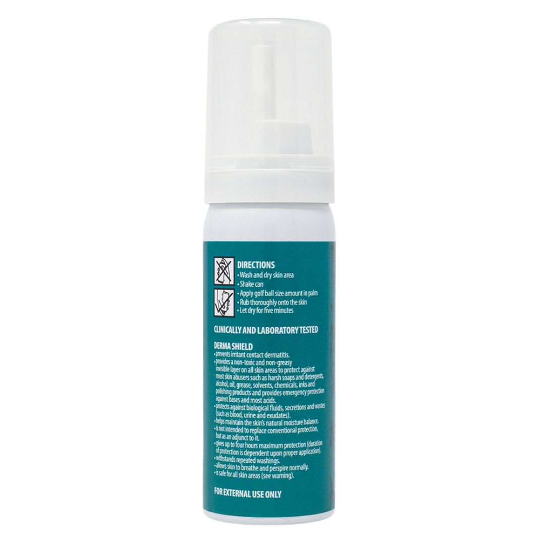 Derma Shield 50ml achterkant, gebruiksinfo huidbescherming, verkrijgbaar bij SchminkenGrime.nl Achterzijde van Derma Shield 50ml met gebruiksaanwijzing en productinformatie, verkrijgbaar bij SchminkenGrime.nl
