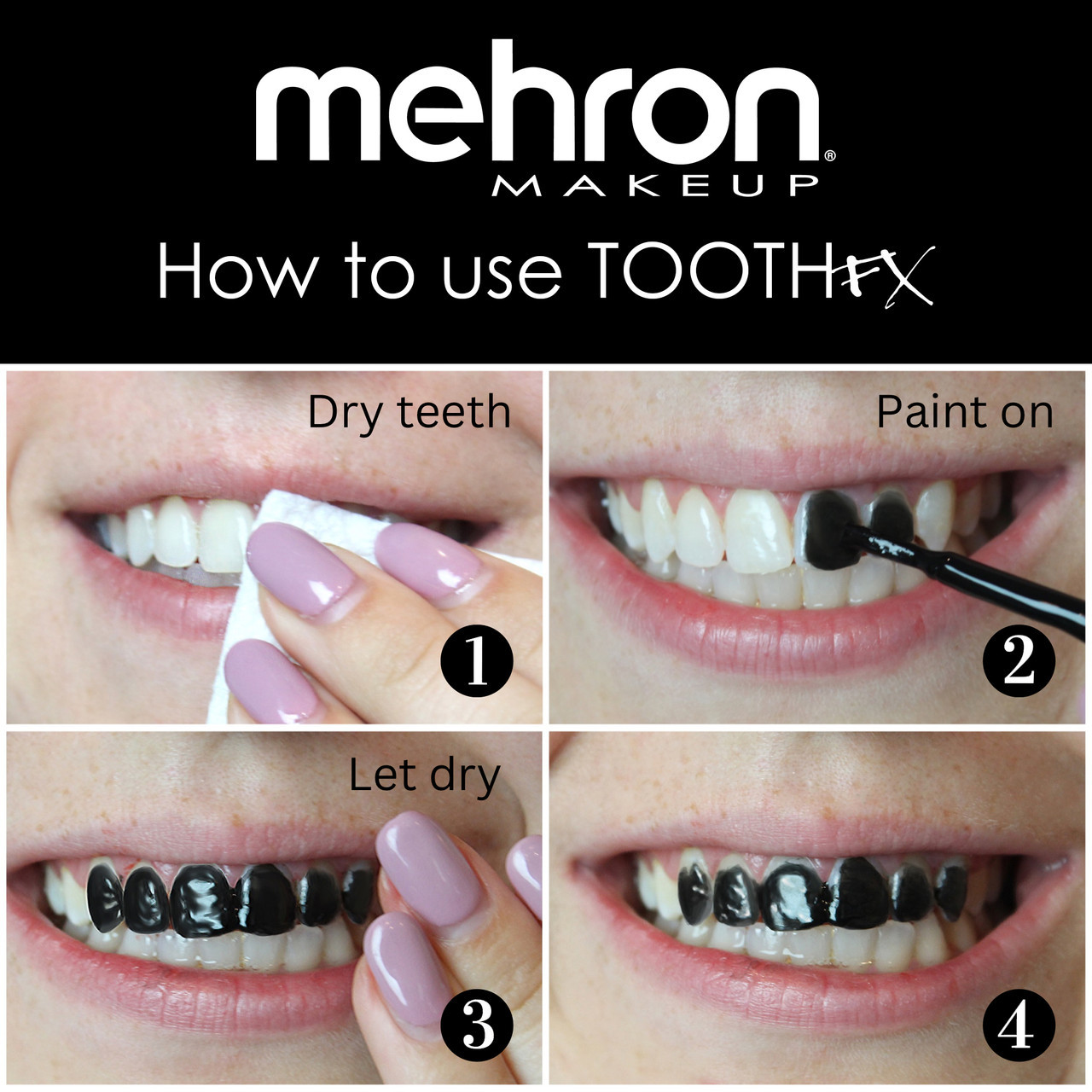 Zo gebruik je Mehron Tooth FX | Verkrijgbaar bij SchminkenGrime.nl Stappenplan voor het gebruik van Mehron Tooth FX tandlak – verkrijgbaar bij SchminkenGrime.nl