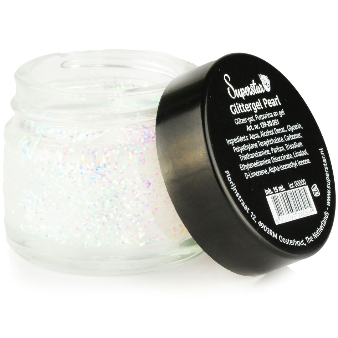 superstar glittergel parlemoer 15ml, transparant glinsterende glittergel, geschikt voor elke look, verkrijgbaar bij SchminkenGrime.nl Superstar Glittergel Parlemoer 15ml met transparante glitterfinish, perfect voor sprookjesachtige accenten, verkrijgbaar bij SchminkenGrime.nl
