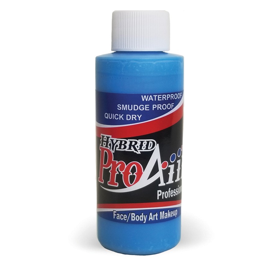 ProAiir Hybrid Electric Blue 60ml fles met felblauwe airbrush schmink, op alcoholbasis en watervast, geschikt voor creatieve designs, verkrijgbaar bij SchminkenGrime.nl
