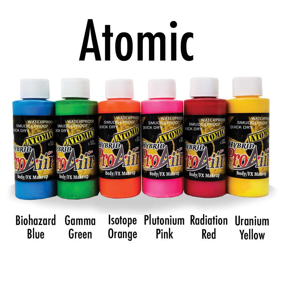 Dutch Atomic Colors Set van ProAiir Hybrid, 6 levendige kleuren, verkrijgbaar bij SchminkenGrime.nl Set van zes ProAiir Hybrid Dutch Atomic kleuren in krachtige tinten, ideaal voor creatieve en fluorescerende schminkontwerpen, verkrijgbaar bij SchminkenGrime.nl