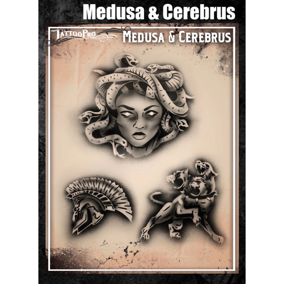 Wiser’s TattooPro airbrush stencil met Medusa en Cerberus, mythische figuren uit de Griekse oudheid, perfect voor krachtige fantasy tattoos, verkrijgbaar bij SchminkenGrime.nl