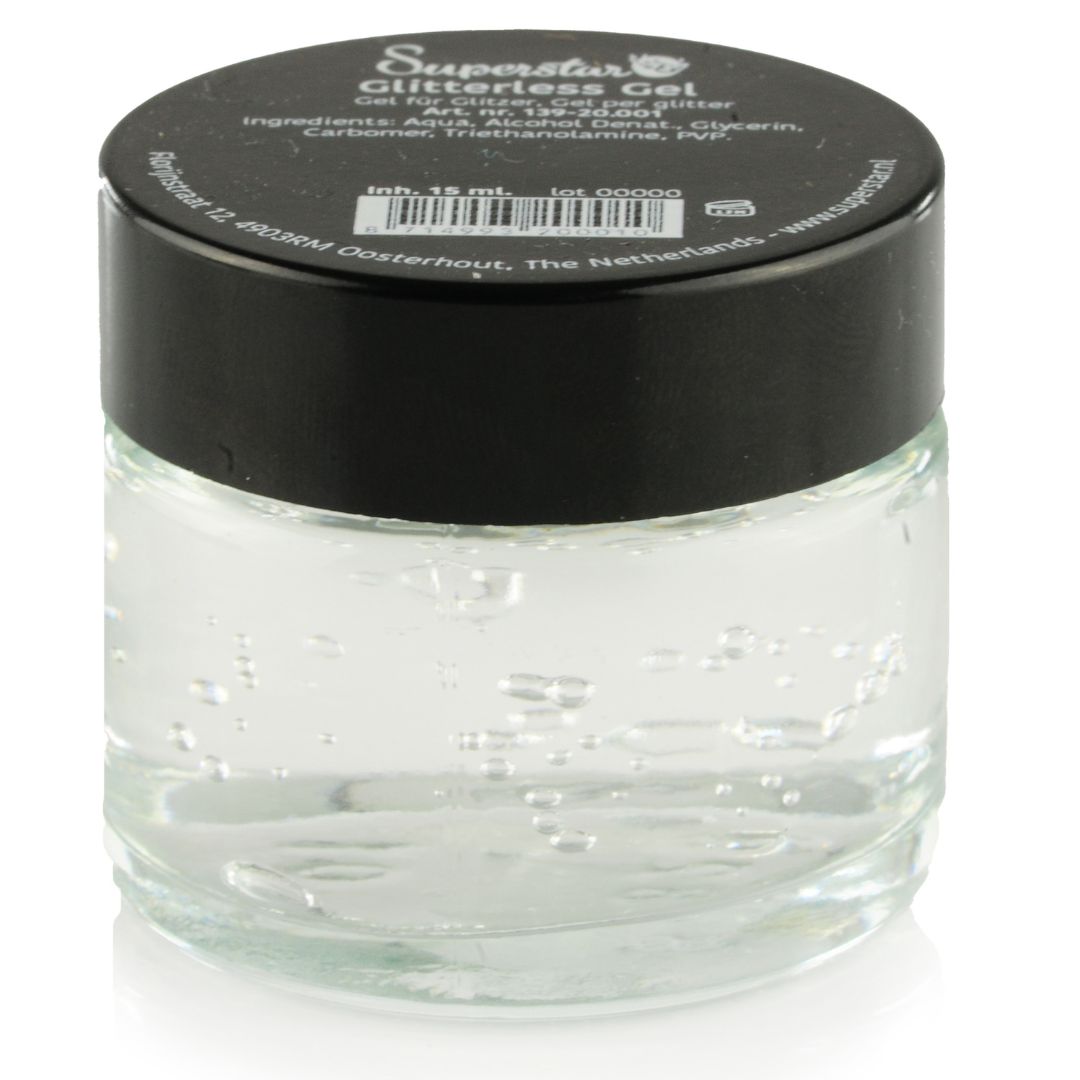 superstar glitterless gel 15ml, glansloze gel voor glittercontrole en precisiewerk, verkrijgbaar bij SchminkenGrime.nl Superstar Glitterless Gel 15ml zonder kleur of glans, perfect voor detailwerk of blending, verkrijgbaar bij SchminkenGrime.nl