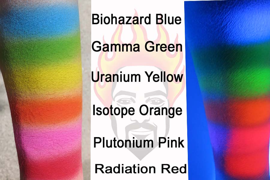 Dutch Atomic Colors Set op de huid, intens pigment, verkrijgbaar bij SchminkenGrime.nl ProAiir Hybrid Dutch Atomic Colors aangebracht op de huid, laat de felle en dekkende neonkleuren zien voor creatieve airbrush make-up, verkrijgbaar bij SchminkenGrime.nl