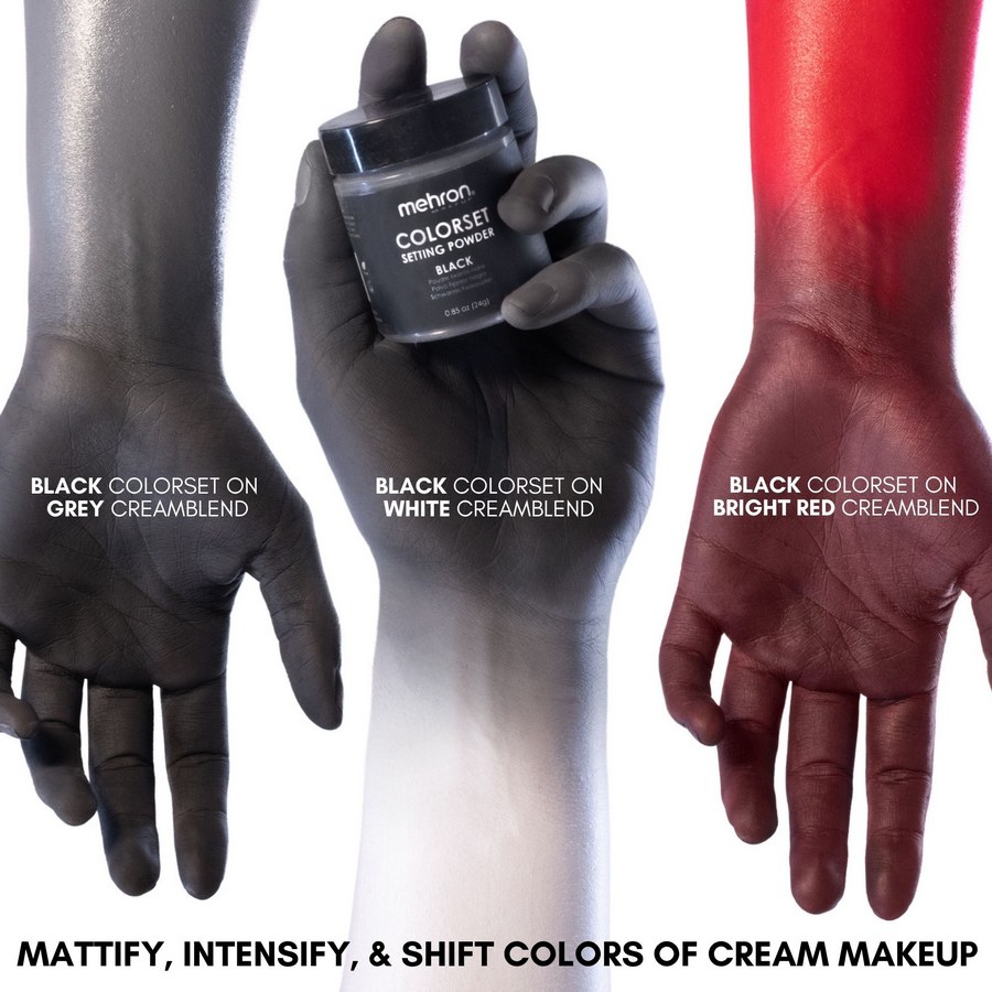 Mehron Colorset Powder Bold Zwart in zwarte tint, ideaal voor schaduwen, skeletten en roetlooks.