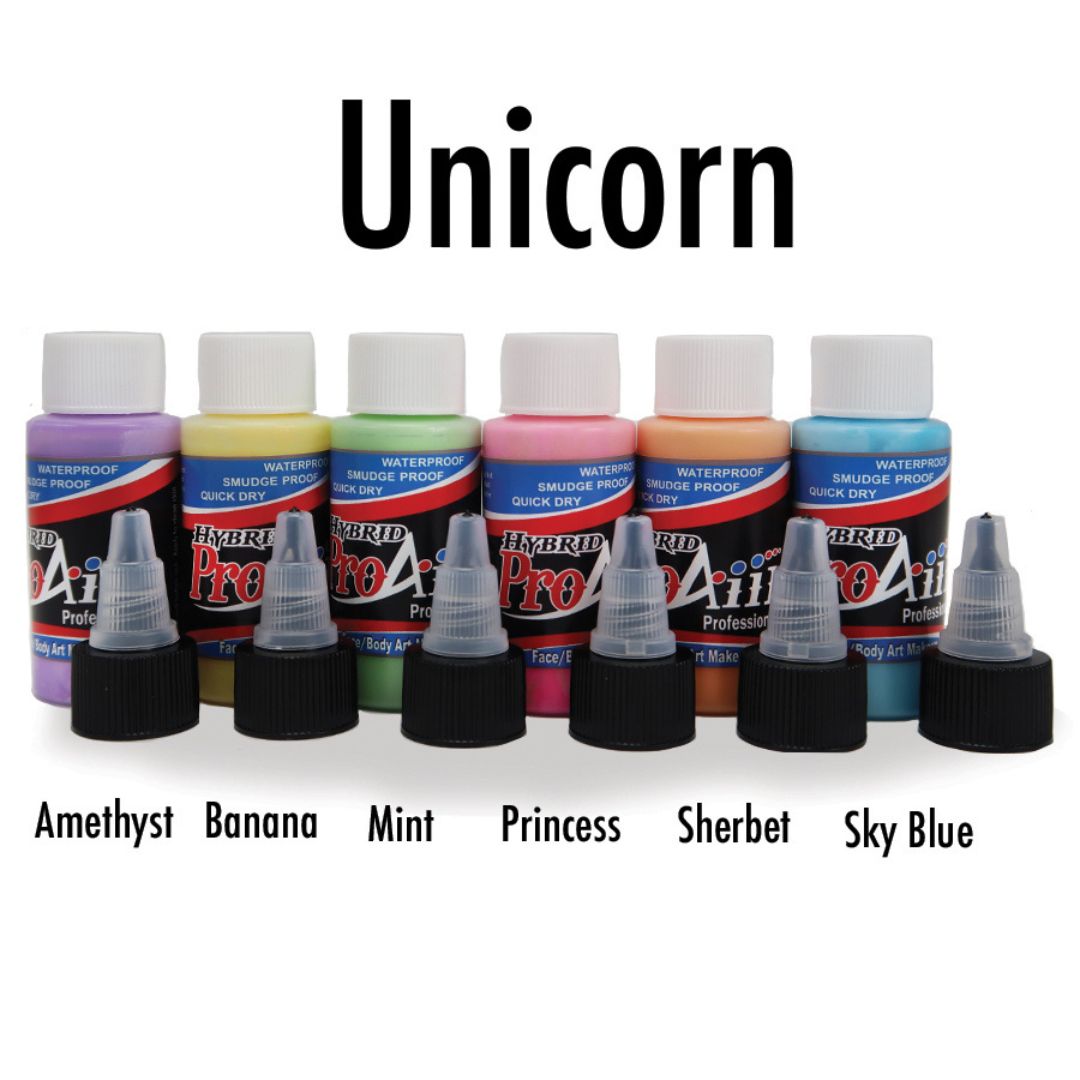 ProAiir Hybrid Unicorn Pack 6×30ml – Pastel airbrush schminkset, verkrijgbaar bij SchminkenGrime.nl ProAiir Hybrid Unicorn Pack met 6 flacons van 30ml in zachte pastel- en regenboogkleuren, watervaste airbrush schmink voor creatieve designs, verkrijgbaar bij SchminkenGrime.nl
