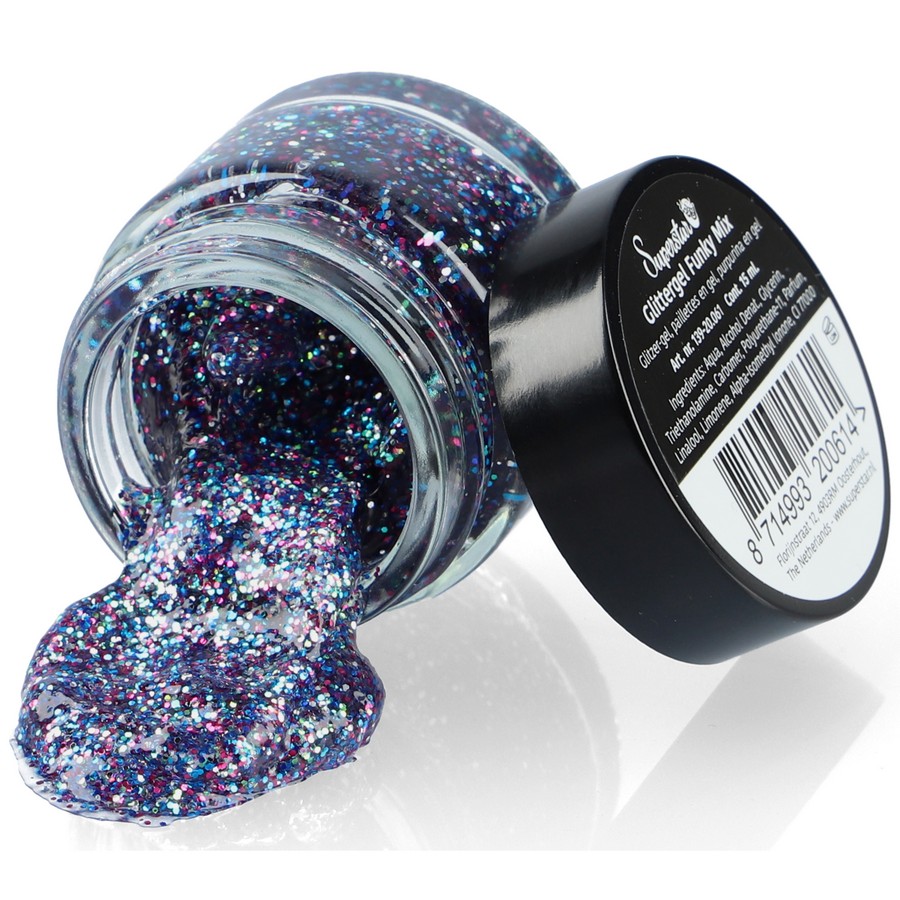 Superstar Glittergel Funky 15ml met kleurrijke glitters voor een speelse look, verkrijgbaar bij SchminkenGrime.nl