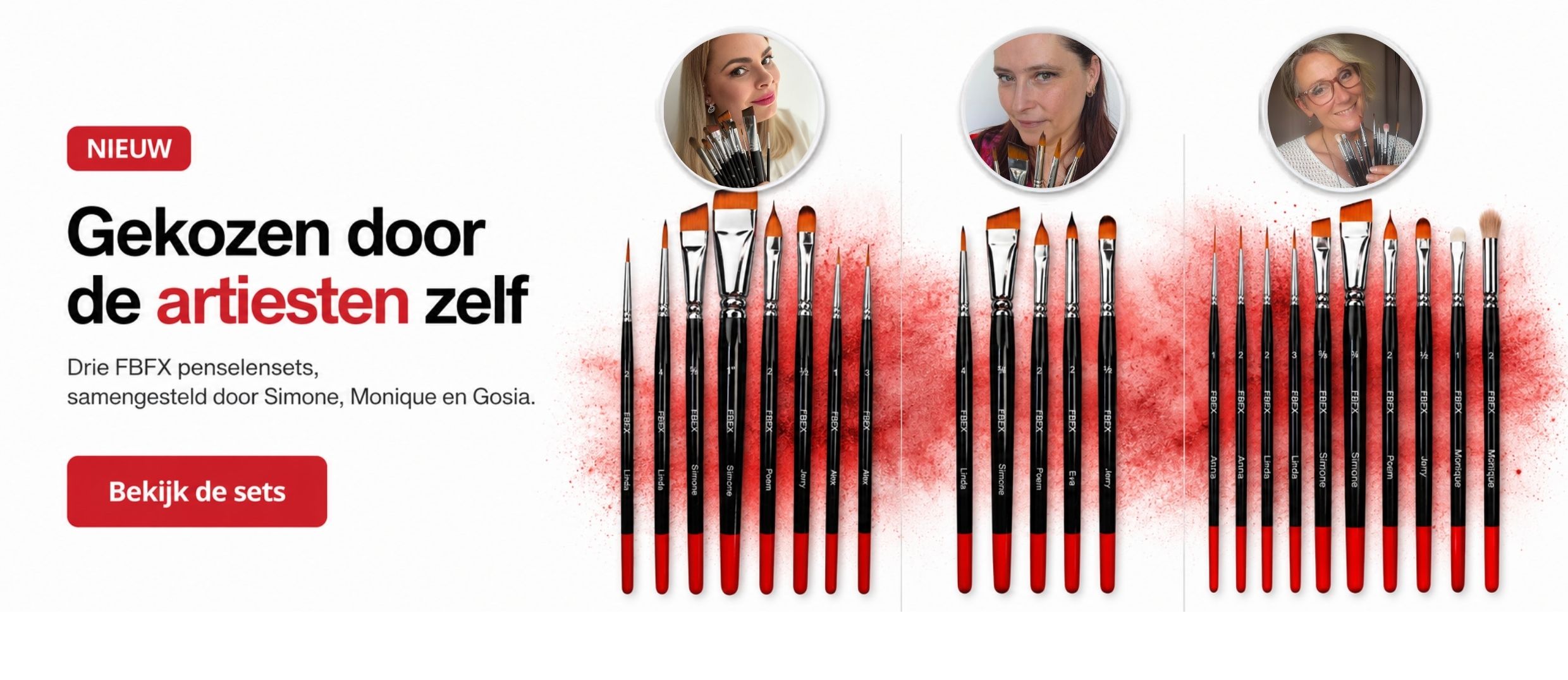 Drie FBFX penselensets, samengesteld door schminkartiesten Simone Verduin, Monique Lily en Gosia