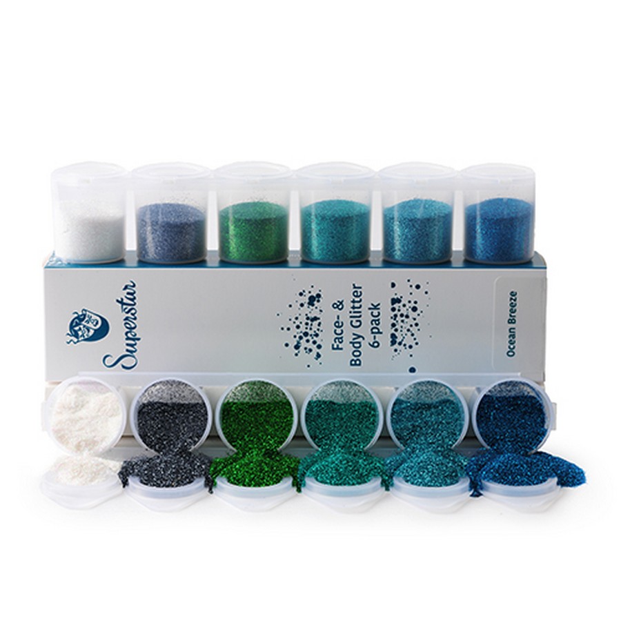 Superstar Ocean Breeze Fine Glitter Mix 6-pack met frisse glitters voor glittertattoos en facepaint, verkrijgbaar bij SchminkenGrime.nl