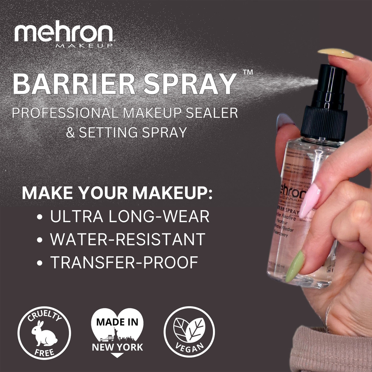 Mehron Barrier Spray, beschermende spray voor make-up fixatie, informatie, verkrijgbaar bij SchminkenGrime.nl.