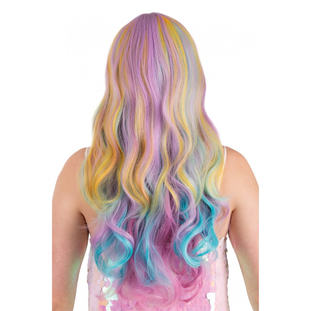 PXP Pruik Selena, lang met krullen in Pastel Regenboog met Schuine Pony (70 cm)