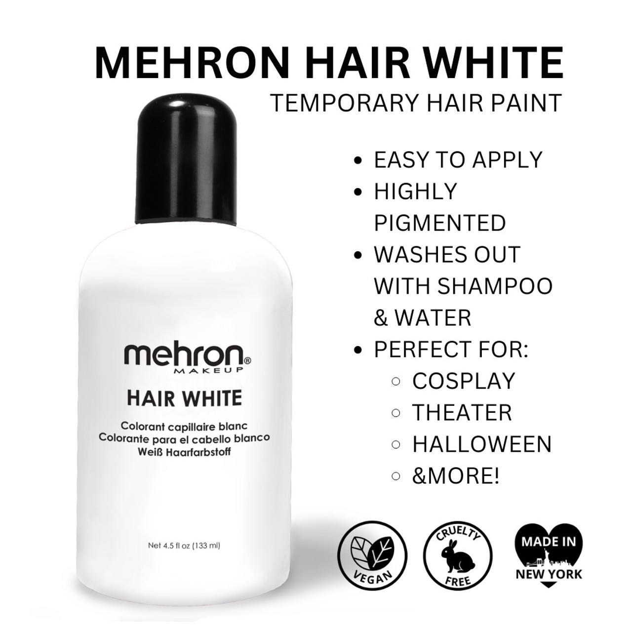 Informatieve afbeelding van Mehron Hair White (135ml), witte tijdelijke haarverf voor verouderingseffecten, toneel, cosplay en grime, makkelijk uitwasbaar, verkrijgbaar bij SchminkenGrime.nl