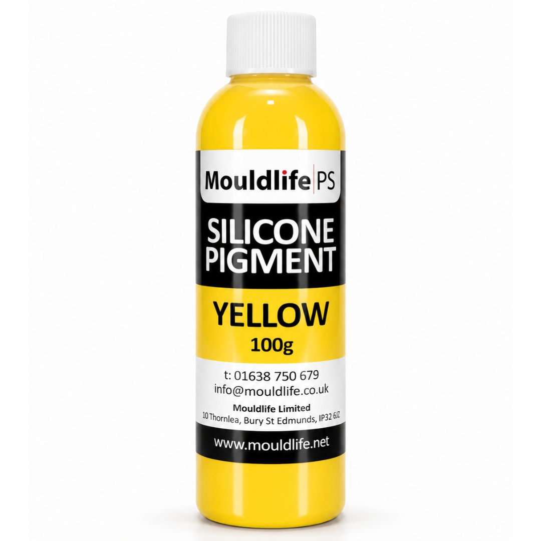 Mouldlife Silicone Pigment Geel 100 gram, hoog geconcentreerd siliconenpigment waarvan één druppel volstaat om silicone zoals Platsil te kleuren, voor SFX-prothesen verkrijgbaar bij SchminkenGrime.nl