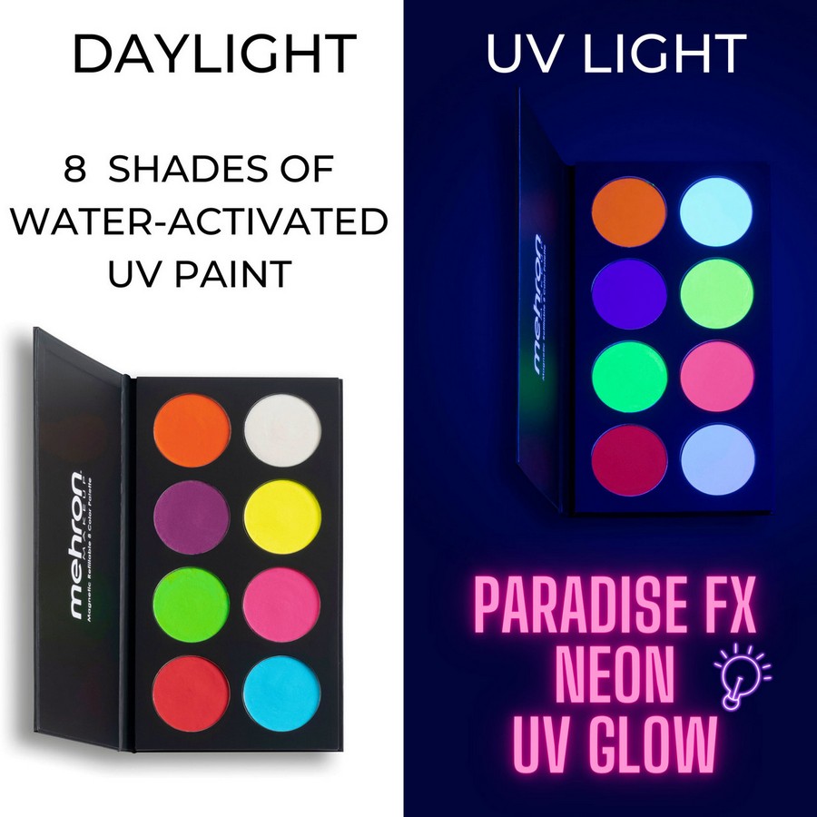 Voor en na blacklight-effect Neon UV Palette | SchminkenGrime.nl Vergelijking van het Mehron Neon Glow Palette bij daglicht en UV-licht, verkrijgbaar bij SchminkenGrime.nl