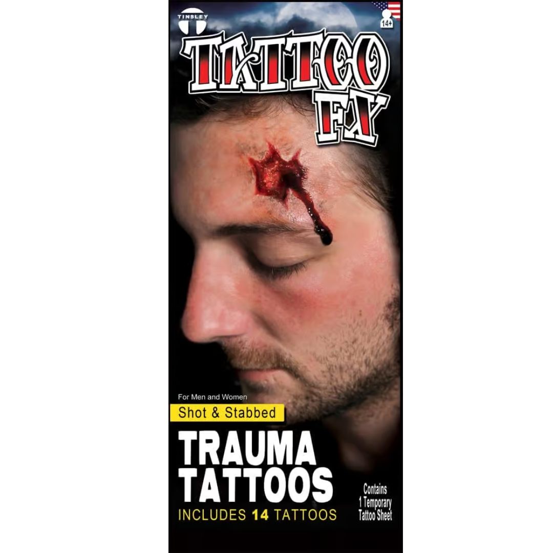 Realistische FX tattoo met schot- en steekwonden uit de Trauma-serie van Tinsley Transfers, te koop bij SchminkenGrime.nl