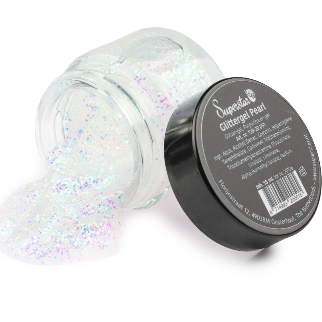 superstar glittergel parlemoer 15ml, parelmoer glittergel met zachte glans, verkrijgbaar bij SchminkenGrime.nl Superstar Glittergel Parlemoer 15ml met subtiele parelmoer glans, geschikt voor elegante of zachte schminklooks, verkrijgbaar bij SchminkenGrime.nl