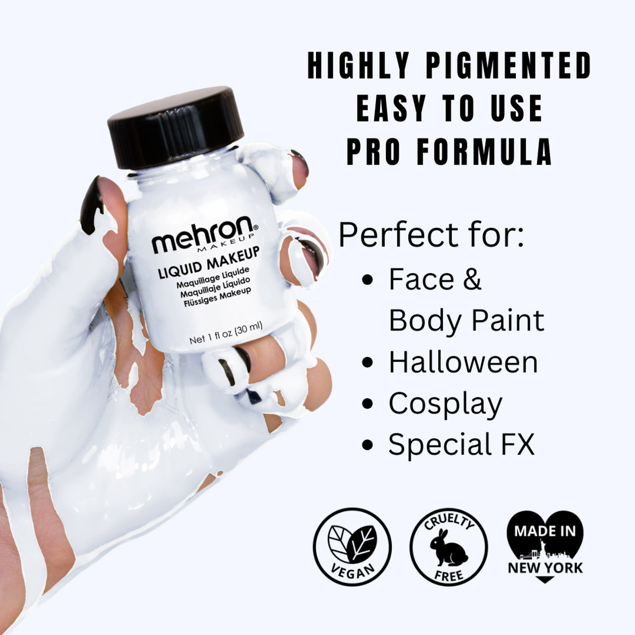 Informatieve afbeelding van Mehron Liquid Makeup White (135ml), witte vloeibare schmink met hoge dekking voor basislagen, mime en special effects, vegan en afwasbaar, verkrijgbaar bij SchminkenGrime.nl