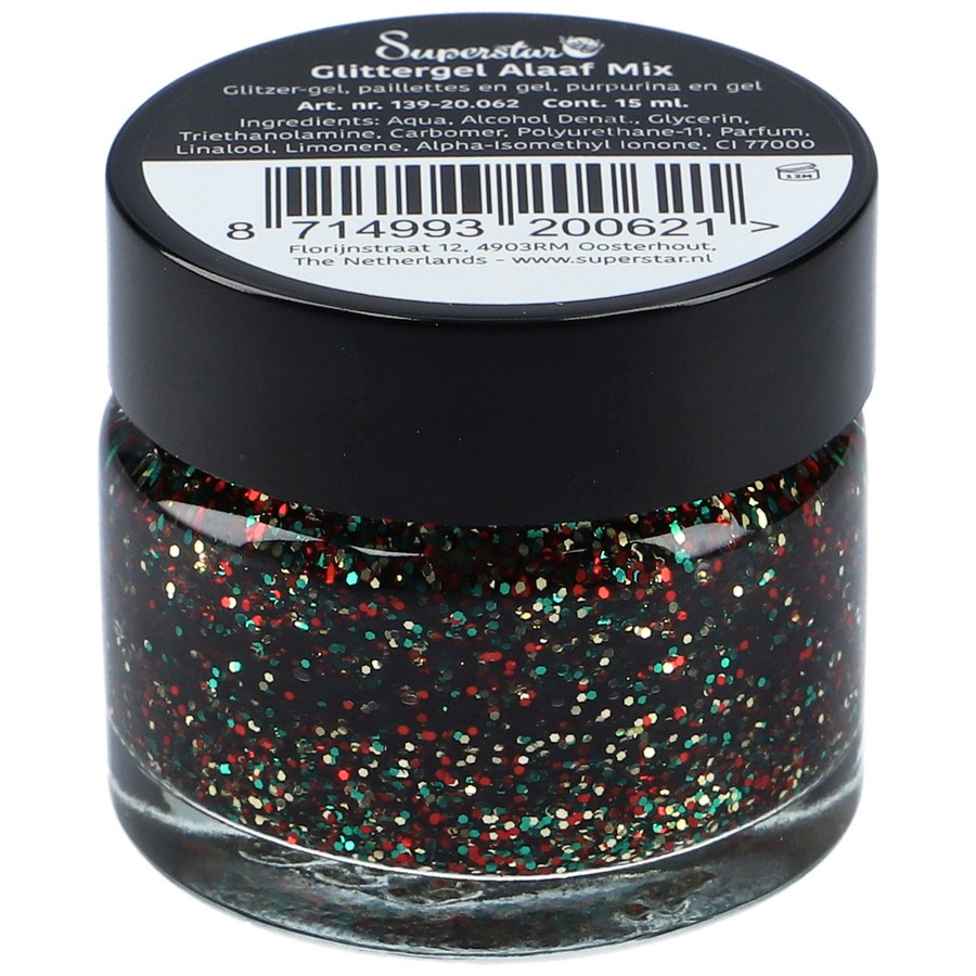 superstar glittergel alaaf 15ml, rood-geel-groene glittergel met carnavalssfeer, verkrijgbaar bij SchminkenGrime.nl Superstar Glittergel Alaaf 15ml met sprankelende rood-geel-groene glittercombinatie voor carnaval, verkrijgbaar bij SchminkenGrime.nl
