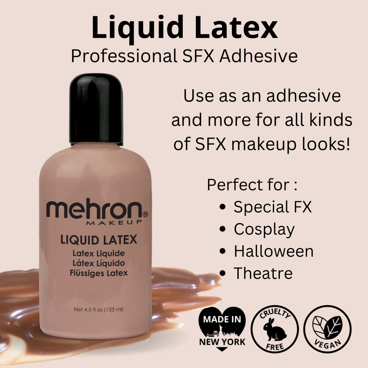 Mehron Liquid Latex Dark Flesh 135ml voor diepe huidtinten – SchminkenGrime.nl Donker getinte latex 135ml van Mehron, voor diversiteit in grime, verkrijgbaar bij SchminkenGrime.nl