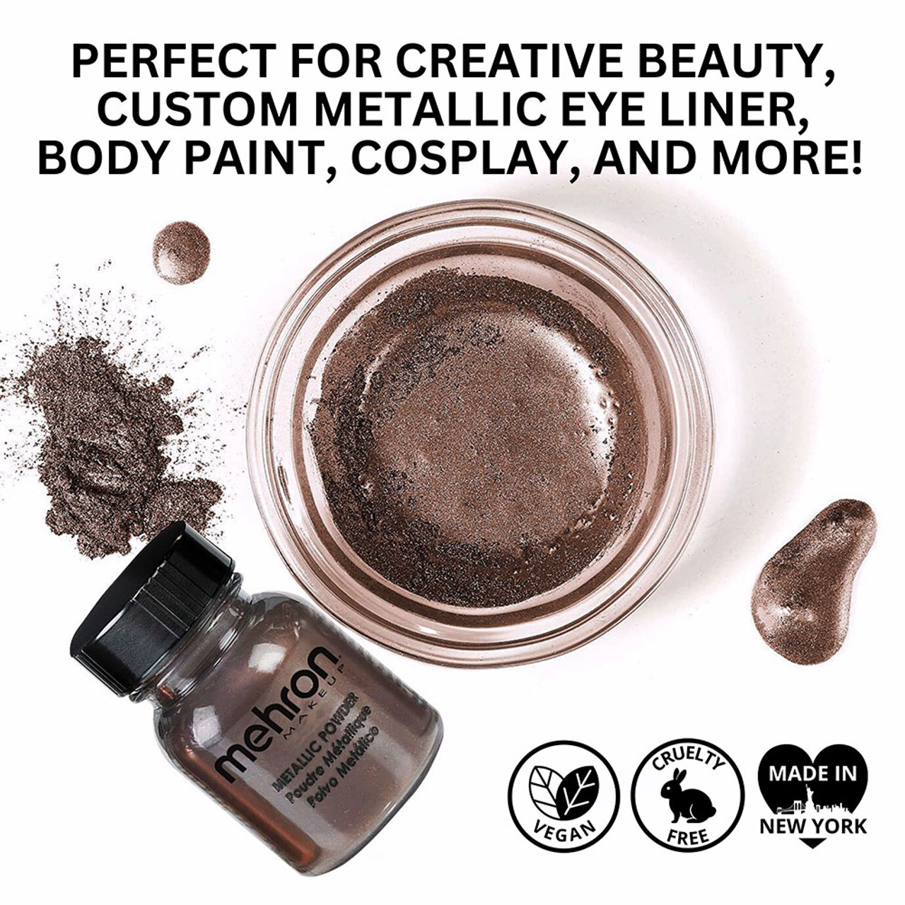 Mehron Metallic Powder Bronze – metallic schmink voor bodypaint en make-up | SchminkenGrime.nl Mehron Metallic Powder Bronze poeder en pigment in schaal – te koop bij SchminkenGrime.nl