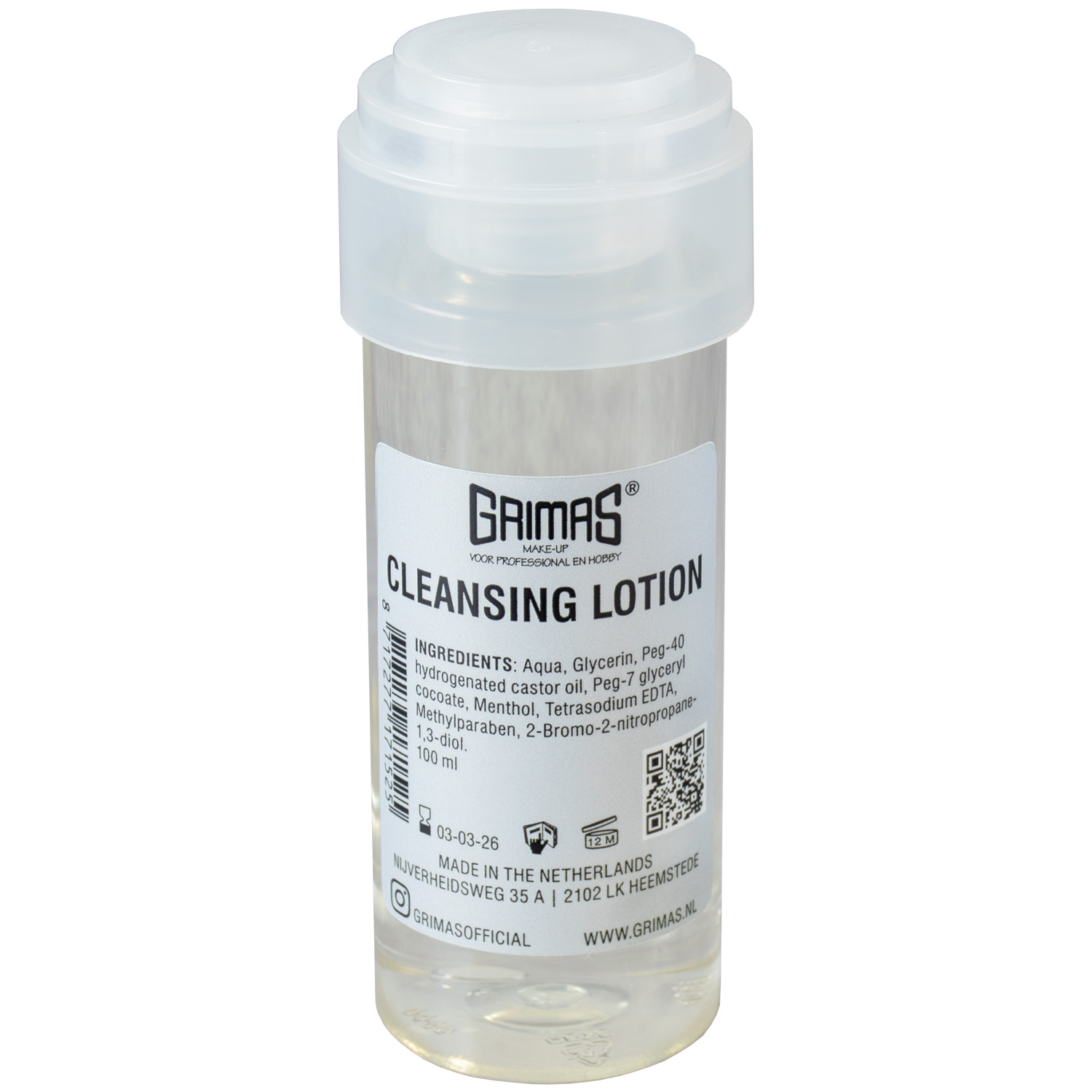 Grimas Cleansing Lotion 100ml fles, vetvrije huidreiniger, verkrijgbaar bij SchminkenGrime.nl
