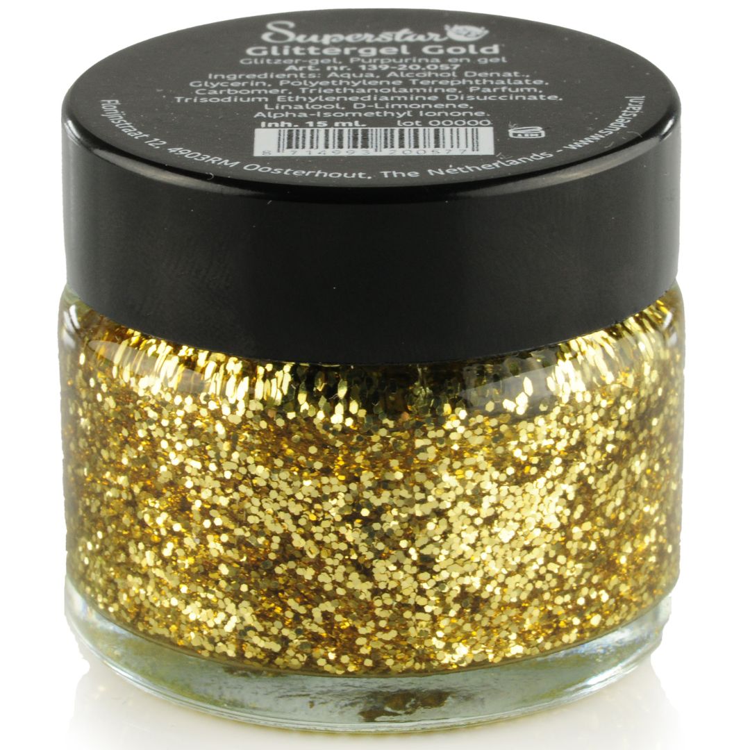 superstar glittergel goud 15ml, klassieke gouden glittergel voor schmink en bodyart, verkrijgbaar bij SchminkenGrime.nl Superstar Glittergel Goud 15ml met elegante gouden glans voor schmink en accenten, verkrijgbaar bij SchminkenGrime.nl
