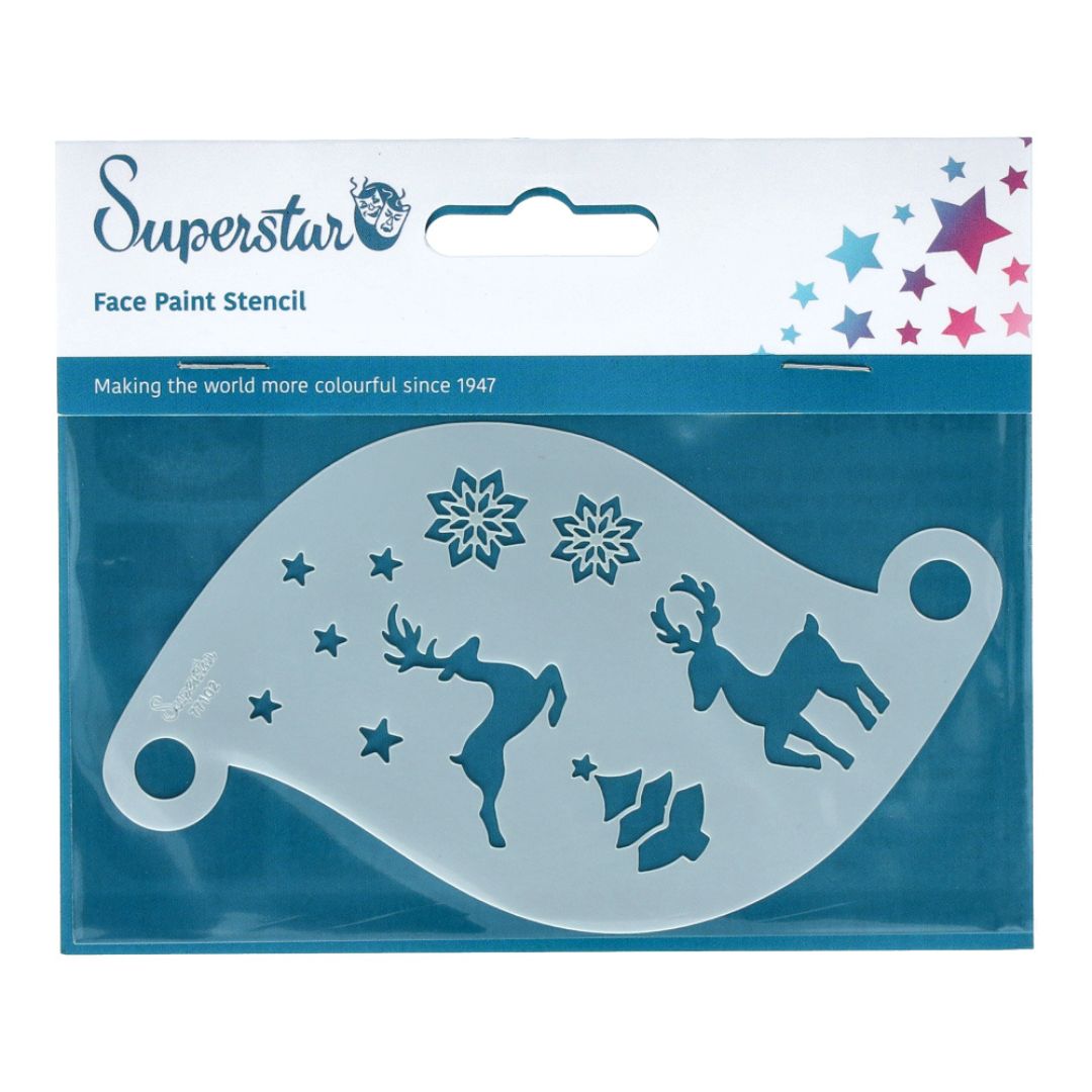 Sjabloon met rendieren, sneeuwsterren en kerstdecoratie – verkrijgbaar bij SchminkenGrime.nl Feestelijk schminksjabloon van Superstar met rendieren, sneeuwsterren en kerstdecoratie – ideaal voor winterse fantasielooks of kerstoptredens, verkrijgbaar bij SchminkenGrime.nl