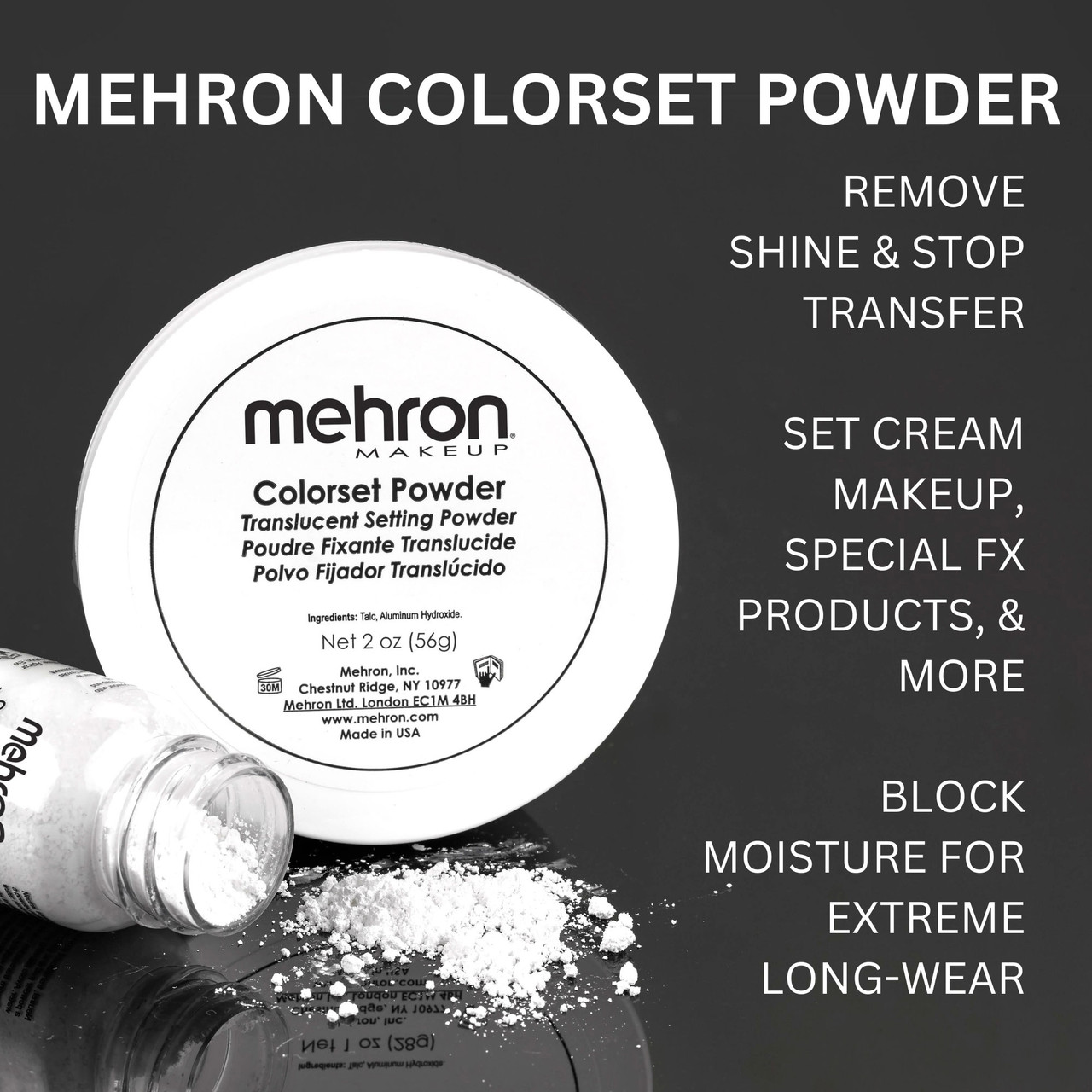Mehron Colorset Powder – Fixeerpoeder voor schmink & SFX | SchminkenGrime.nl Mehron Colorset Powder 60gr – transparant poeder dat glans verwijdert en make-up fixeert