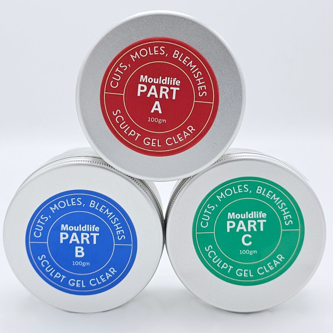 Mouldlife Sculpt Gel Clear 300g verpakt in drie metalen potten Part A B en C, verkrijgbaar bij SchminkenGrime.nl