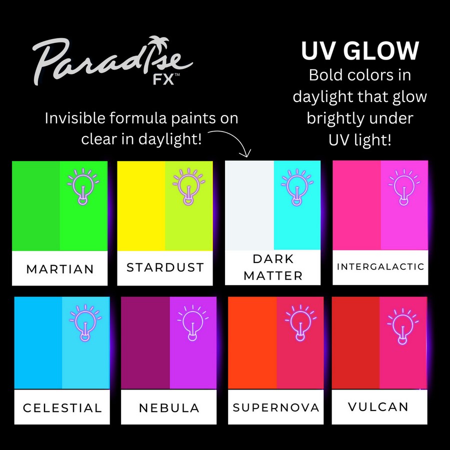 Mehron Paradise UV kleuren met glow effect | SchminkenGrime.nl Acht neon UV-kleuren van het Glow Palette met namen, verkrijgbaar bij SchminkenGrime.nl