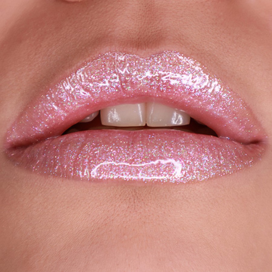 Glanzende roze holografische lippen met Grimas Lipgloss Holo Magic, verkrijgbaar bij SchminkenGrime.nl