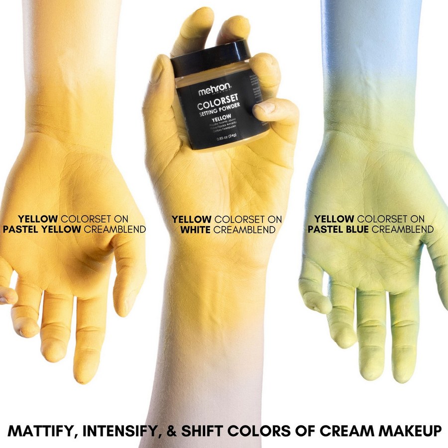 Mehron Colorset Powder Bold Geel in gele tint, ideaal voor felle gele cosplay- en cartoonlooks.