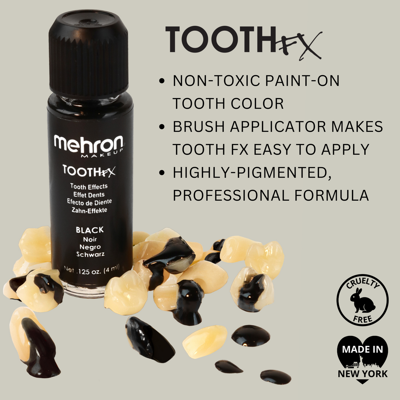 Mehron Tooth FX Black – Tandlak voor SFX make-up | SchminkenGrime.nl Mehron Tooth FX Black flesje met zwarte tandlak op kunsttanden – verkrijgbaar bij SchminkenGrime.nl