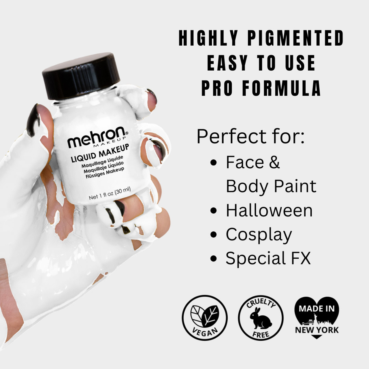 Mehron Liquid Makeup White 135ml, info en toepassingen, verkrijgbaar bij SchminkenGrime.nl Informatieve afbeelding van Mehron Liquid Makeup White (135ml), witte vloeibare schmink met hoge dekking, perfect voor basislagen, mime en special effects, vegan en afwasbaar, verkrijgbaar bij SchminkenGrime.nl