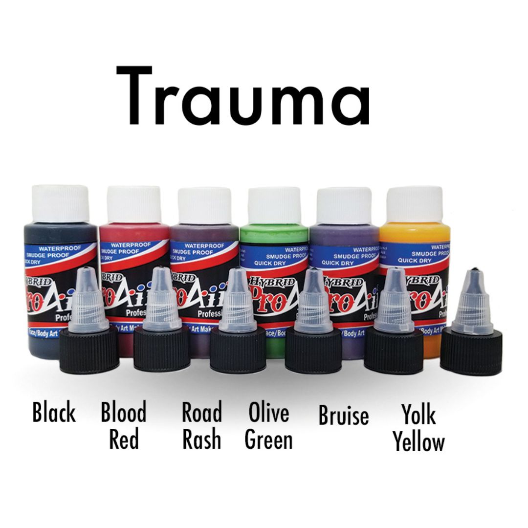 ProAiir Hybrid Trauma Pack 6×30ml – Complete set voor trauma make-up, verkrijgbaar bij SchminkenGrime.nl Verpakking van het ProAiir Hybrid Trauma Pack, 6×30ml set met watervaste airbrush schminkformules voor het creëren van realistische trauma-effecten en wondmake-up, speciaal ontworpen voor SFX-artiesten, verkrijgbaar bij SchminkenGrime.nl