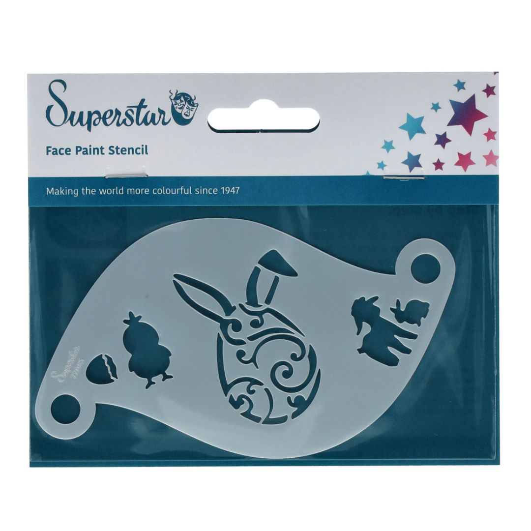 Superstar schminksjabloon Easter Joy – verkrijgbaar bij SchminkenGrime.nl Superstar schminksjabloon Easter Joy met paashaas, kuikentje en paasdecoraties, ideaal voor paas schmink, verkrijgbaar bij SchminkenGrime.nl