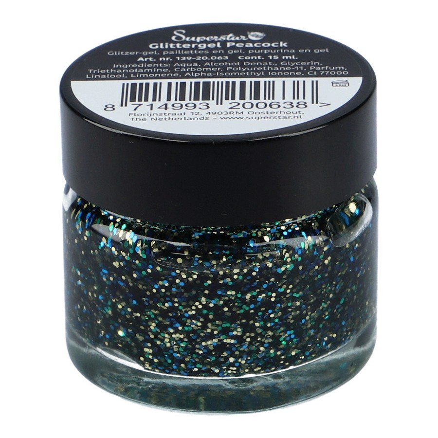 superstar glittergel peacock 15ml, diepe kleurmix glittergel met opvallende glans, verkrijgbaar bij SchminkenGrime.nl Superstar Glittergel Peacock 15ml met opvallende blauw-groene glittercombinatie, perfect voor creatieve looks, verkrijgbaar bij SchminkenGrime.nl