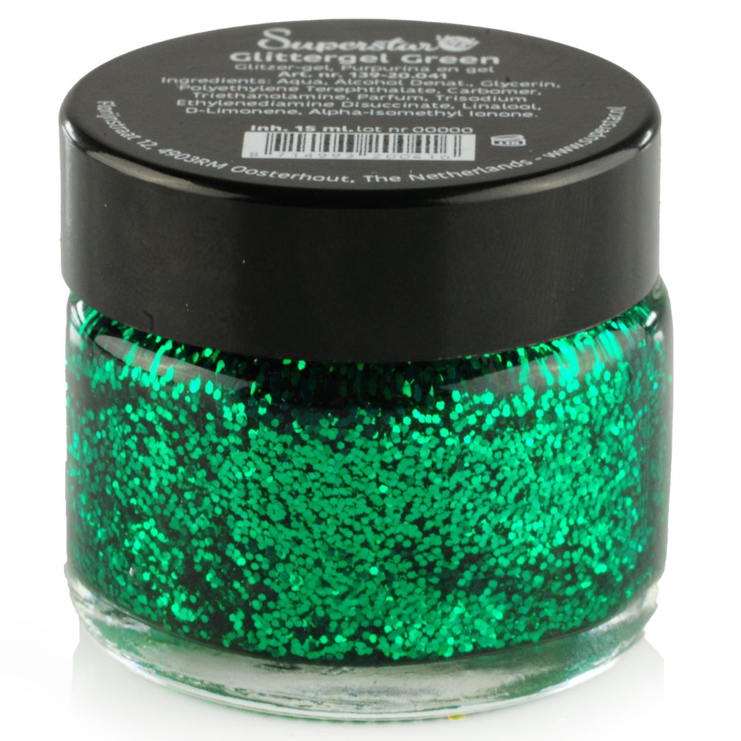 superstar glittergel groen 15ml, sprankelende groene glittergel voor schminkontwerpen, verkrijgbaar bij SchminkenGrime.nl Superstar Glittergel Groen 15ml met levendige glans in groentint, geschikt voor schminkontwerpen, verkrijgbaar bij SchminkenGrime.nl
