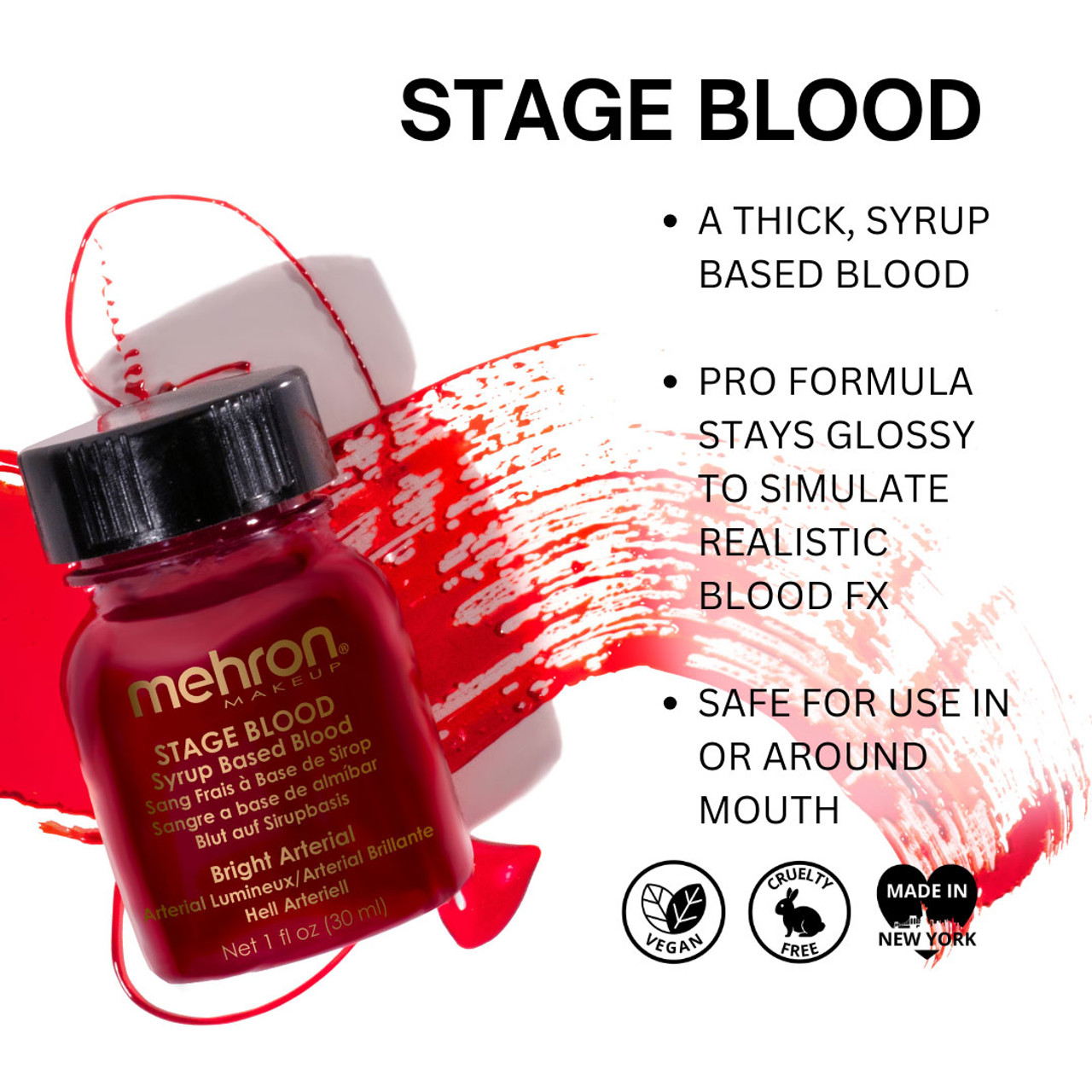 Mehron Stage Blood Arterial – uitleg over textuur en kleur bij SchminkenGrime.nl Informatieve afbeelding over Mehron Stage Blood Arterial – geschikt voor special effects – verkrijgbaar bij SchminkenGrime.nl