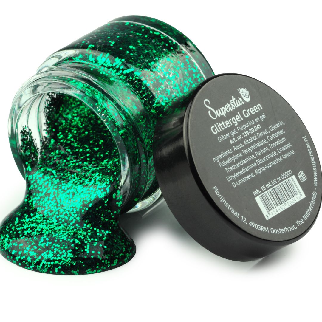 Superstar Glittergel Groen 15ml met sprankelende groene pigmenten in stevige gel, verkrijgbaar bij SchminkenGrime.nl