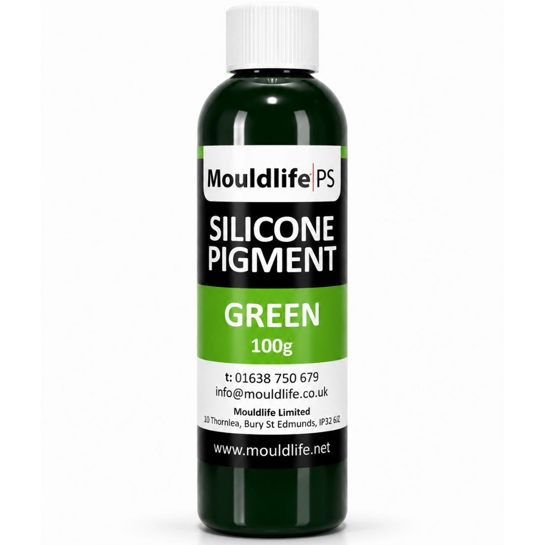 Mouldlife Silicone Pigment Groen 100 gram, hoog geconcentreerd siliconenpigment waarvan één druppel volstaat om silicone zoals Platsil te kleuren, voor SFX-prothesen verkrijgbaar bij SchminkenGrime.nl