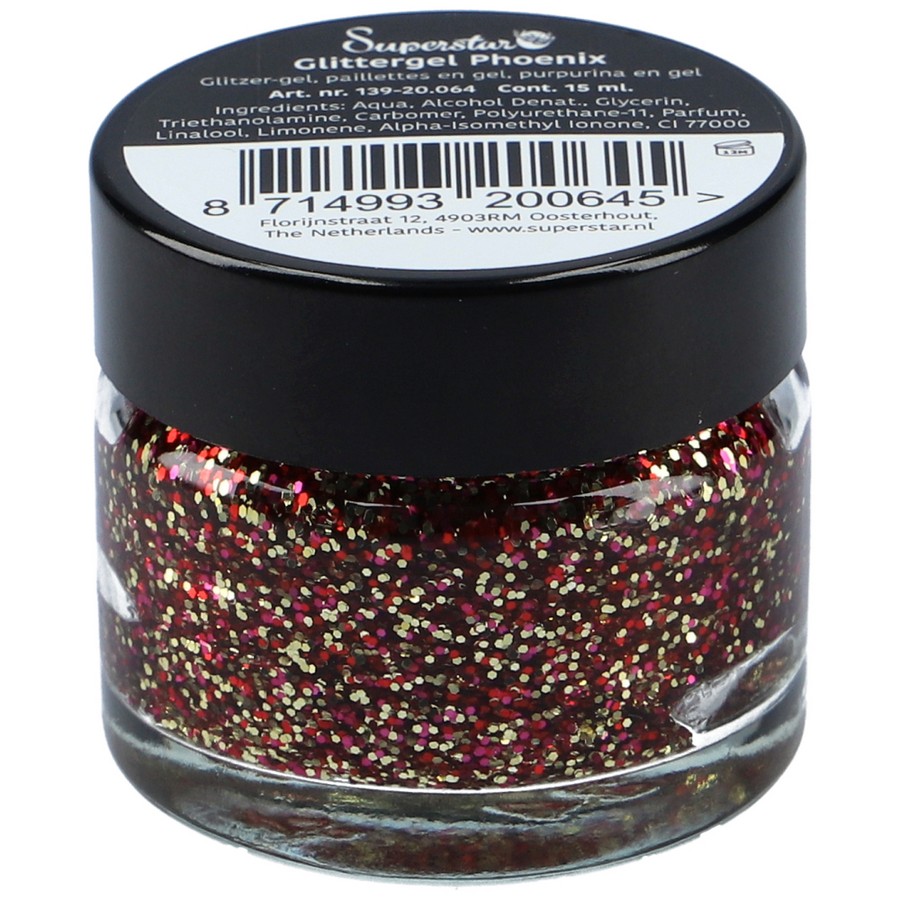 superstar glittergel phoenix 15ml, glanzende rode glittergel met vurige reflecties, verkrijgbaar bij SchminkenGrime.nl Superstar Glittergel Phoenix 15ml met sprankelende vuurkleuren in stevige gel, verkrijgbaar bij SchminkenGrime.nl