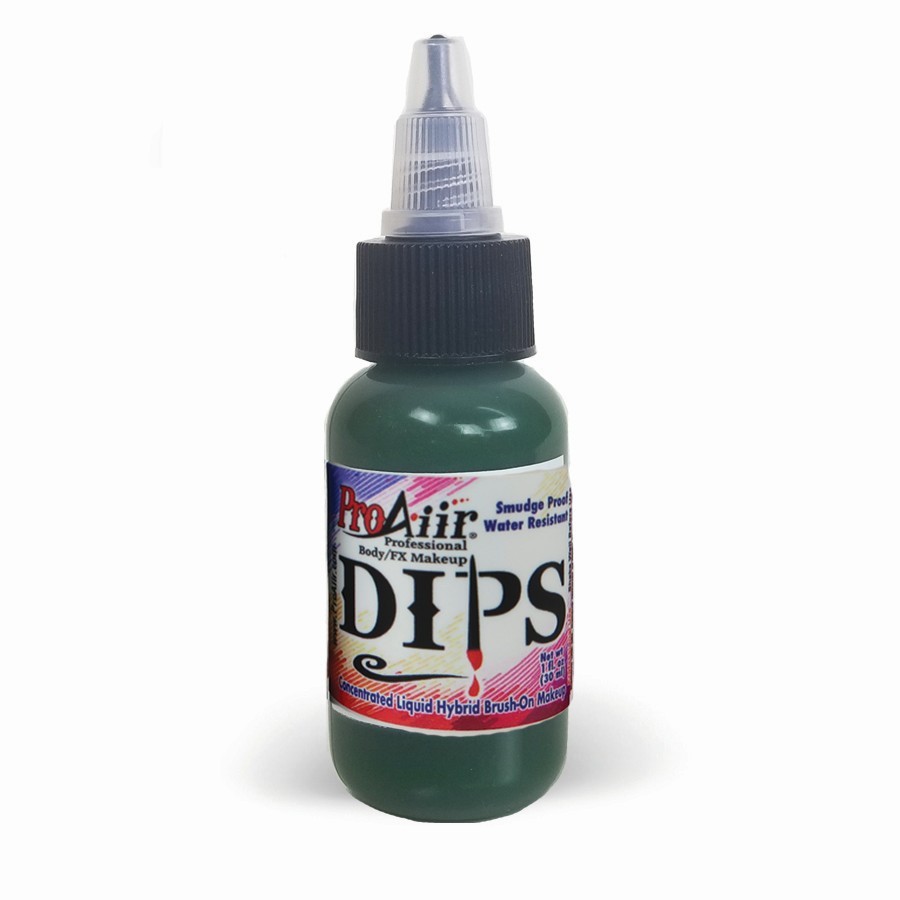 Donkergroene ProAiir Dips schmink in 30ml flesje met schroefdop – verkrijgbaar bij SchminkenGrime.nl